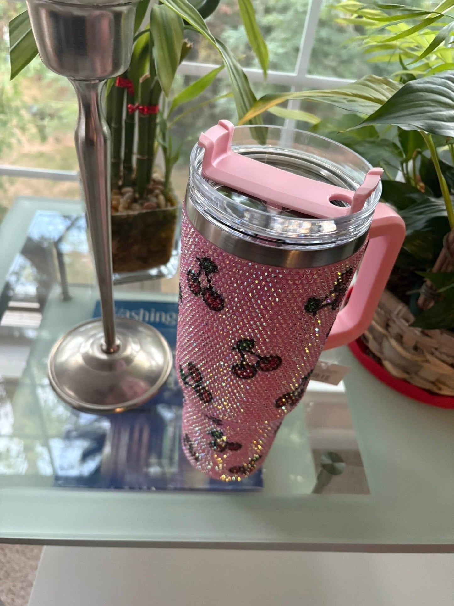 Pink 40oz Cherry Rhinestone Tumbler with Handle