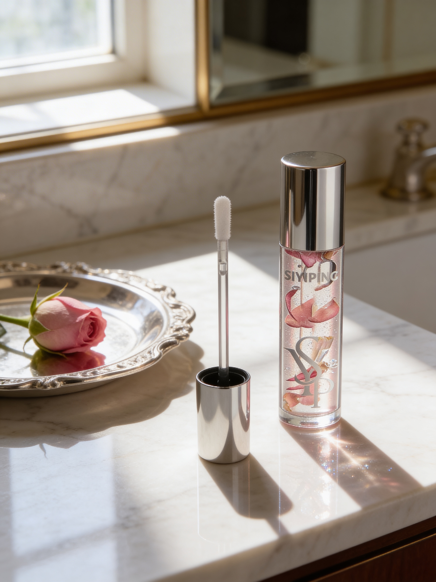 Clear lip oil infused with real flower petals