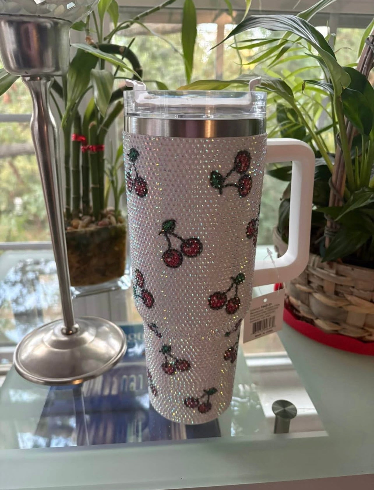 White 40oz Cherry Rhinestone Tumbler with Handle