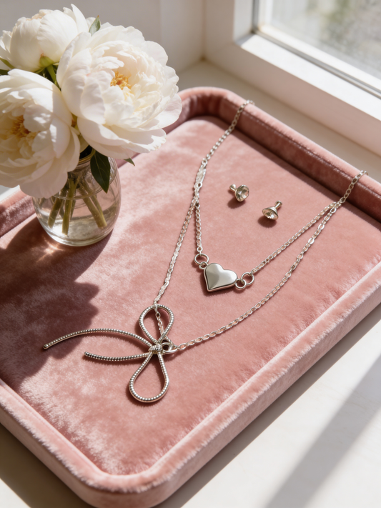 Fashion Two-layer necklace with Bow and heart and earrings.