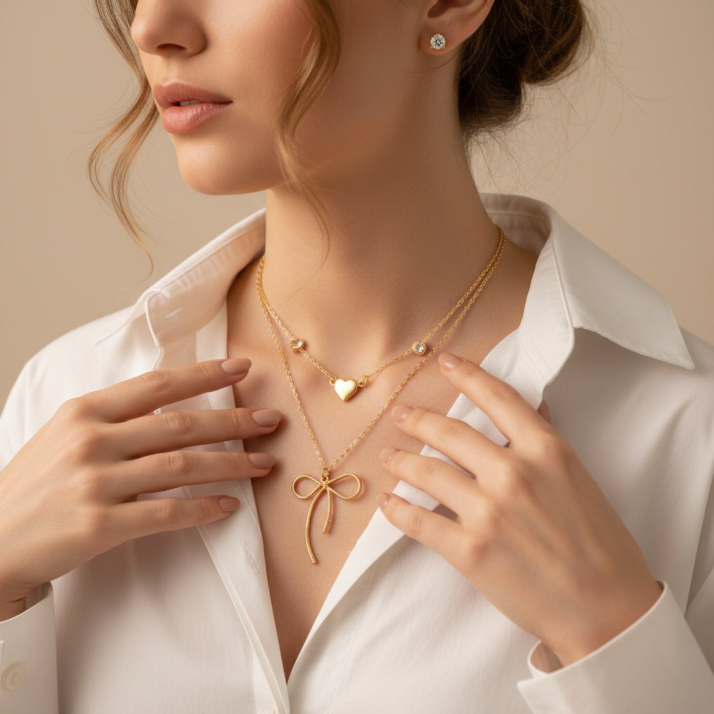 Fashion Two-layer necklace with Bow and heart and earrings.