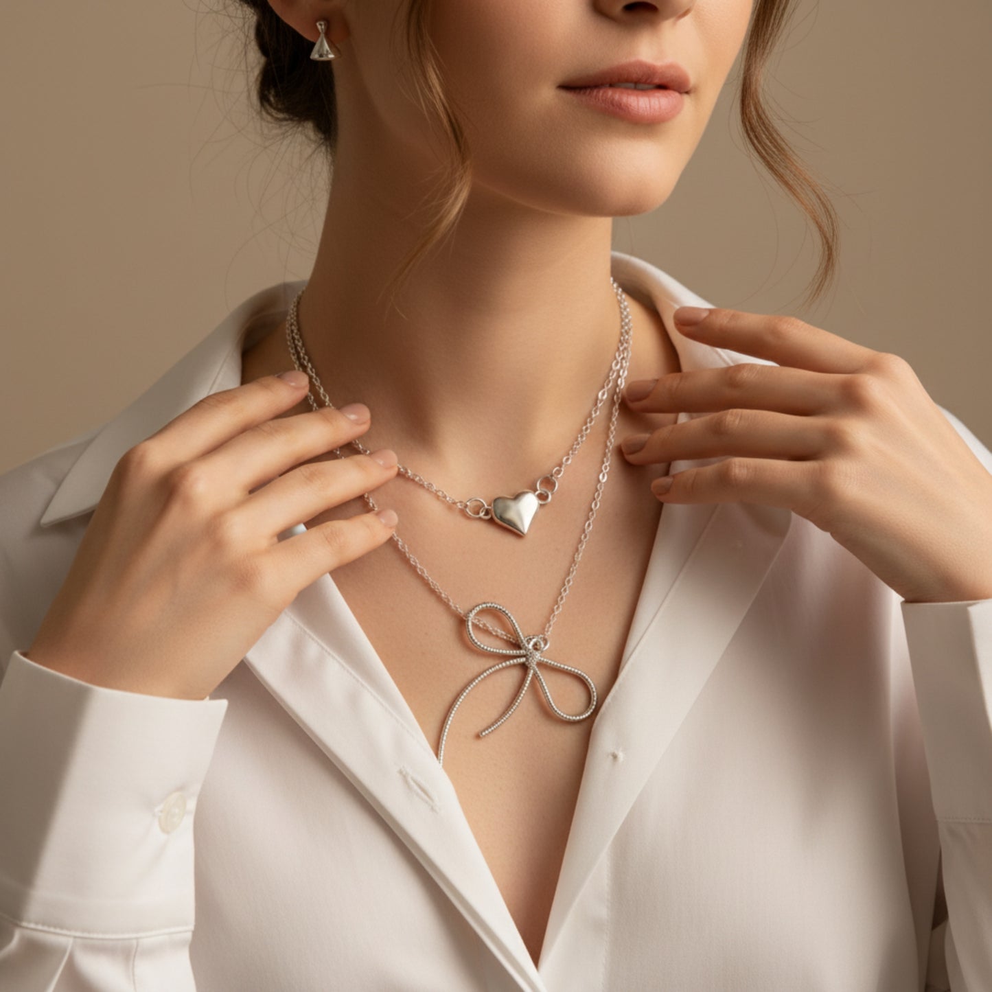 Fashion Two-layer necklace with Bow and heart and earrings.