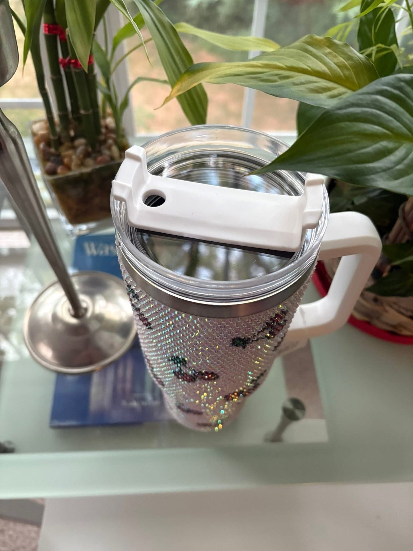 White 40oz Cherry Rhinestone Tumbler with Handle