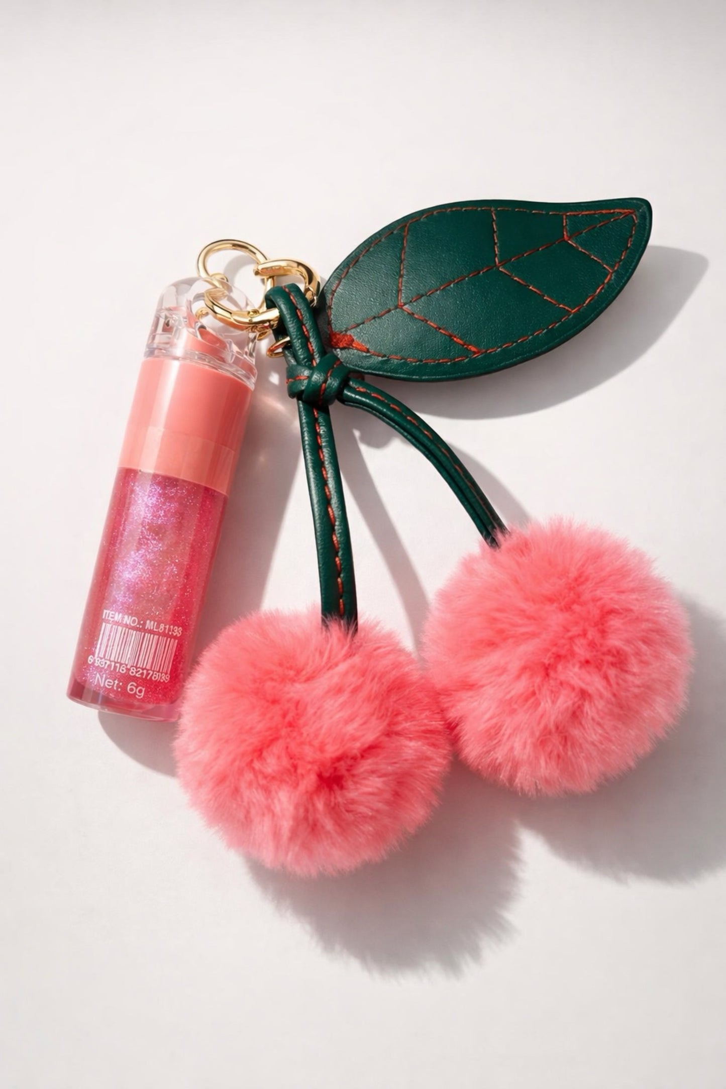 Fluffy Cherry Keychain/Bag charm with attached lipgloss