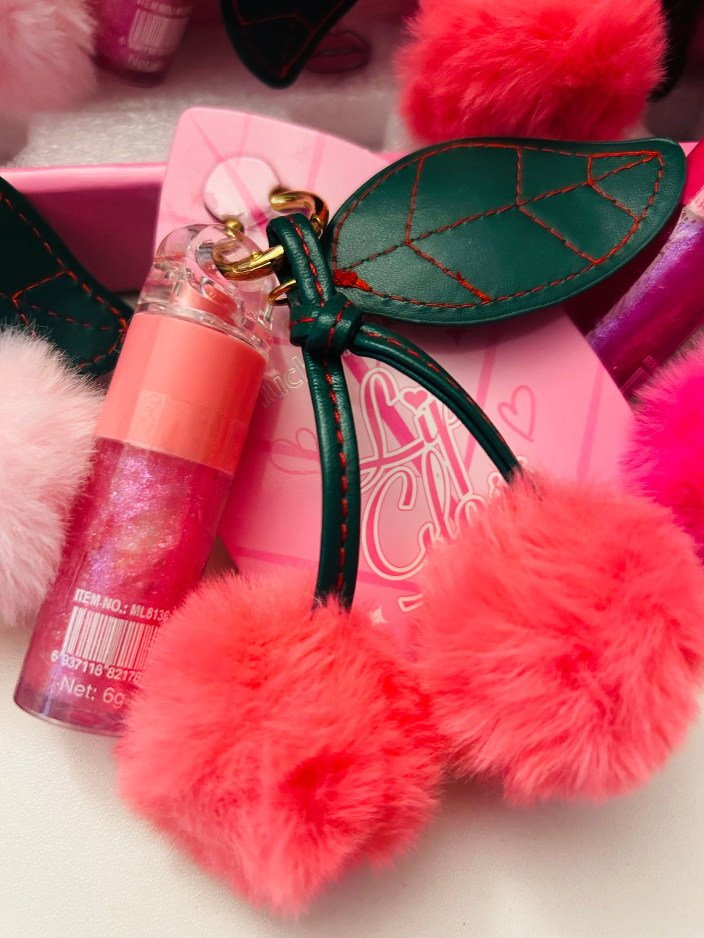 Fluffy Cherry Keychain/Bag charm with attached lipgloss
