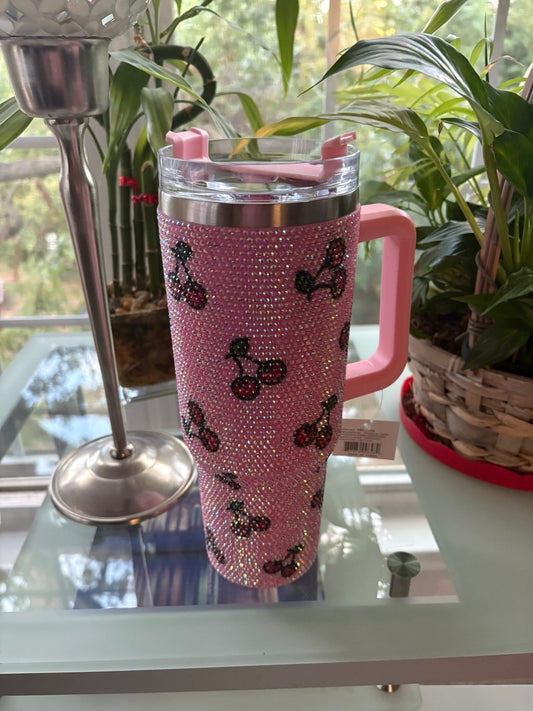 Pink 40oz Cherry Rhinestone Tumbler with Handle