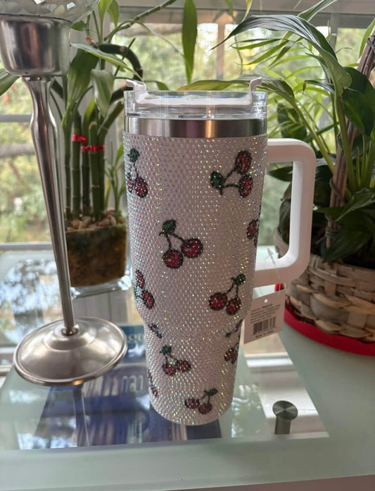 White 40oz Cherry Rhinestone Tumbler with Handle